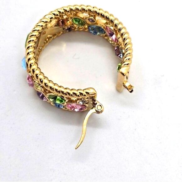 Massive Fashion Hoop Earrings Pastel Colorful Rhinestones 1 5/16 x 1 1/8in Gold - Picture 5 of 6